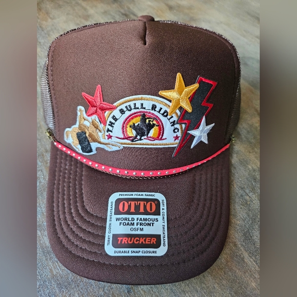 NWT OTTO Brown Snapback Trucker Hat with Rodeo Bull Rider Embroidered Patches
